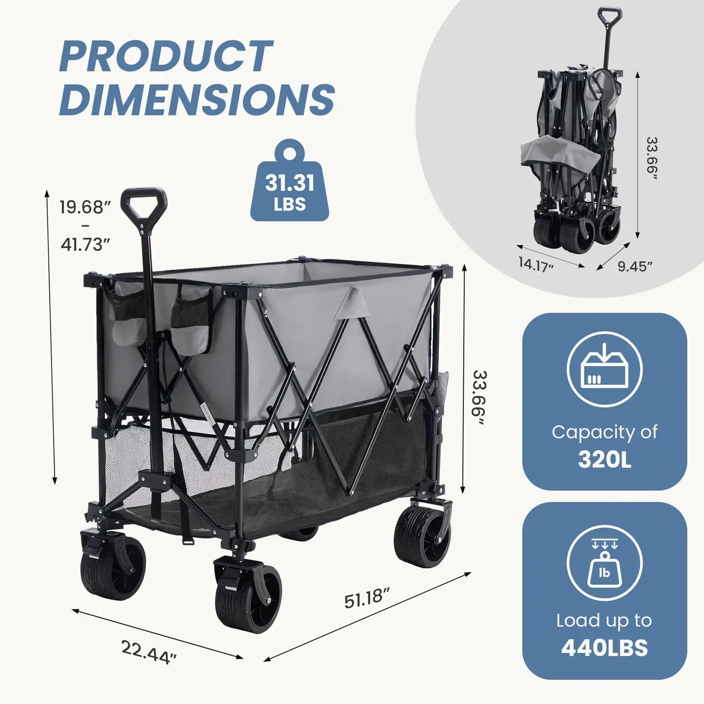Folding Double-Decker Wagon, 320L Large Capacity 440 lbs Heavy-Duty Utility Cart with Brakes, All-Terrain Wheels & Flexible Handle, Compact Foldable Design for Camping & Grocery